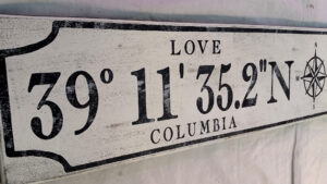 Personalized city state coordinate sign with the word LOVE above coordinates