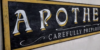 Close-up of the off-white lettering and gold accents on the rustic black background of the Apothecary sign.