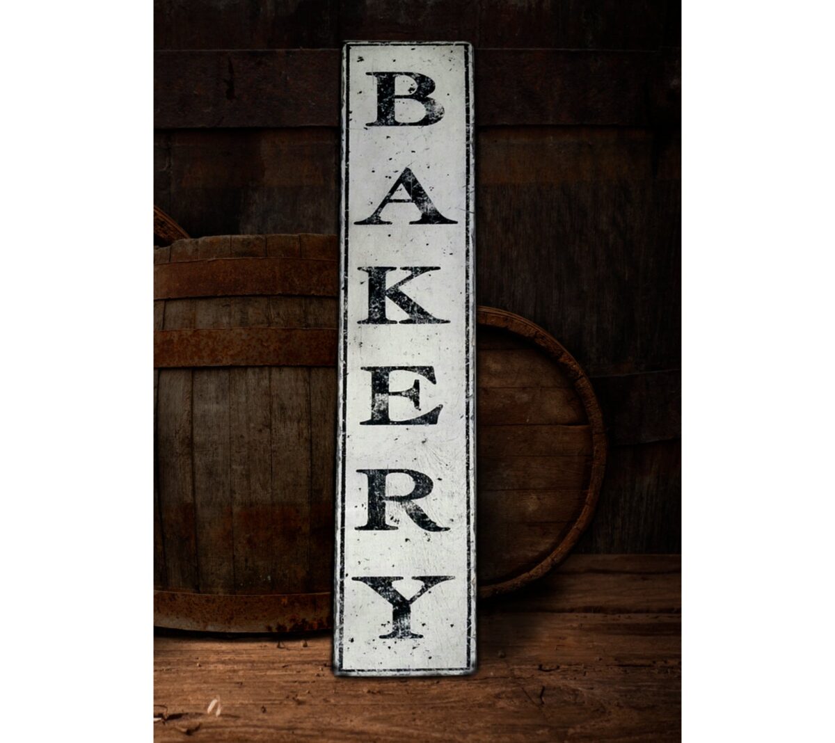 Vertical Bakery Sign, off white background with rustic detailed design.