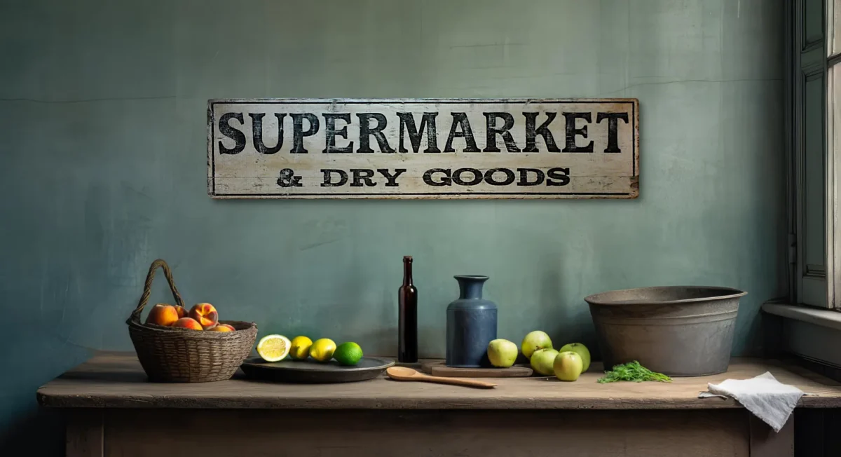 Old Supermarket sign with off white background and black letters