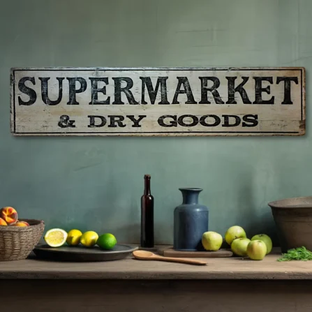 Old Supermarket sign with off white background and black letters