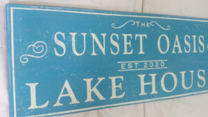 Sunset Cottage Lake House Sign customer example with teal background