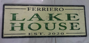 Lake House Sign photo sample with cream background and green letters