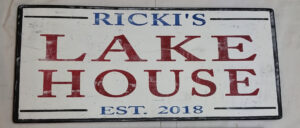 Lake House Sign example with rustic w Lake House Signhite background and red letters