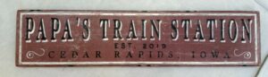 Papas Train Station wood sign in nutmeg brown