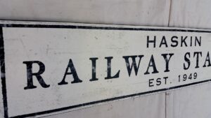Haskin family Train Sign Est 1949 in rustic white paint