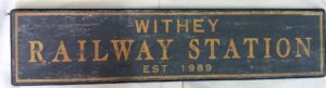 Train Railway Station Sign in black and nutmeg brown paint