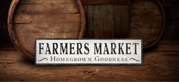 Farmers Market sign with Homegrown goodness lettering, in white and black