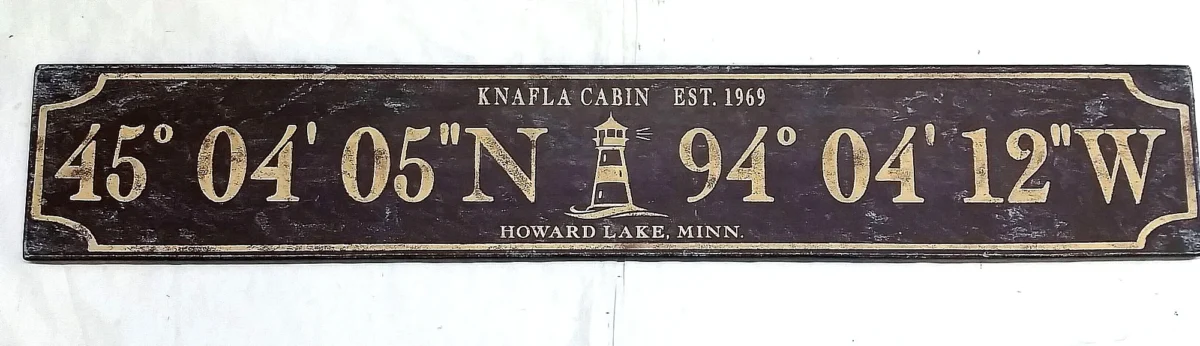 Antique style wood sign featuring a lighthouse and custom coordinates