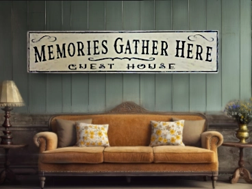 A sign hanging in a home, that says Memories Gather Here Guest House