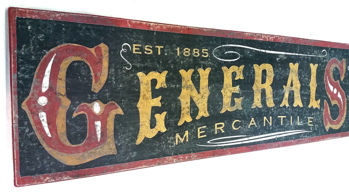 Detailed view of rustic General Store sign showcasing worn letters and wood texture