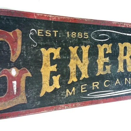 Detailed view of rustic General Store sign showcasing worn letters and wood texture