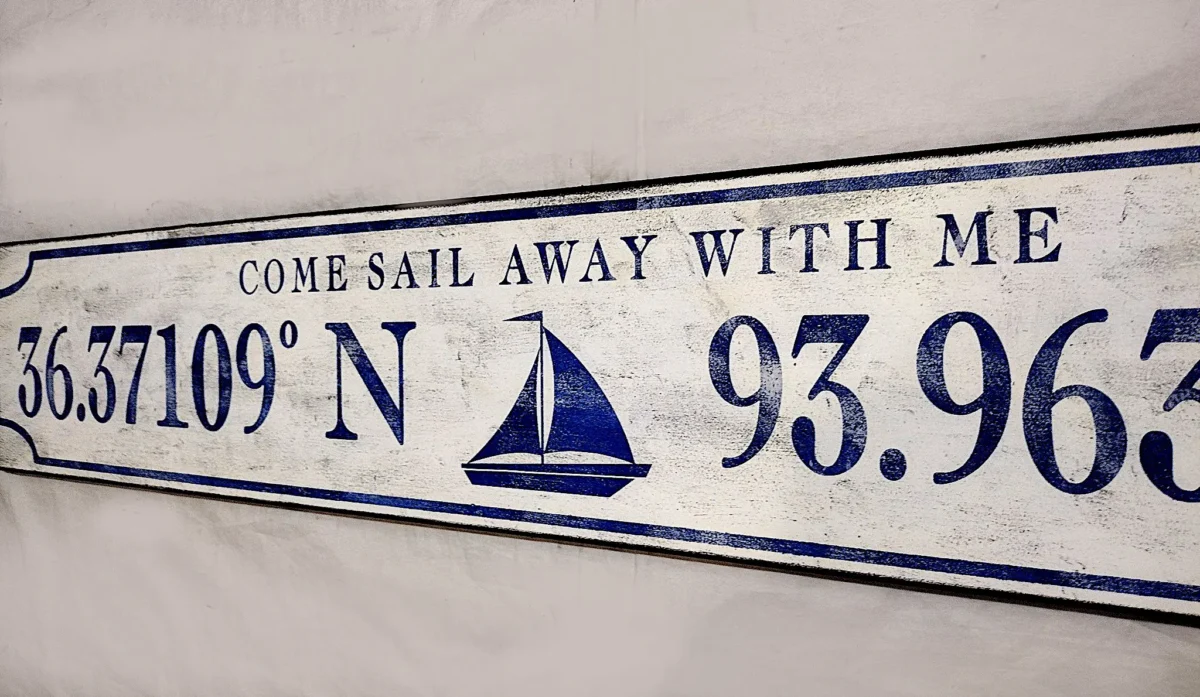 Closeup view of the antique style coordinate sign showcasing bold navy blue letters on a white distressed background.